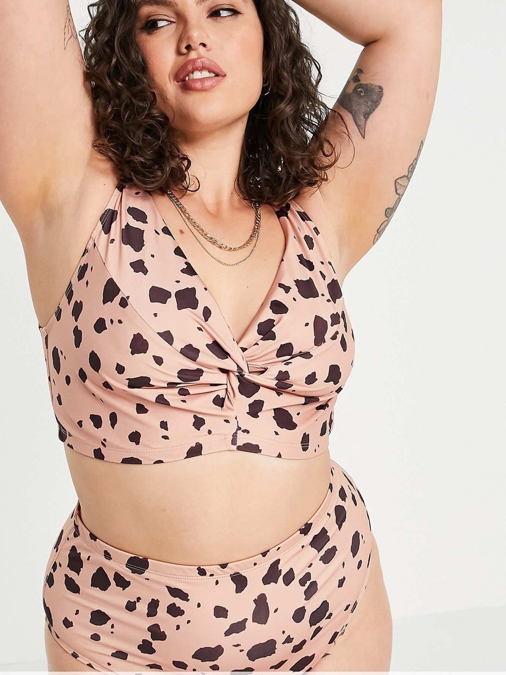NWOT ASOS DESIGN curve twist front high rise bikini in natural splodge print